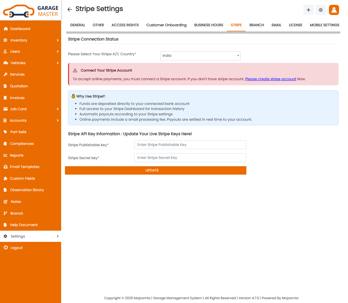 Stripe API Key Form - India