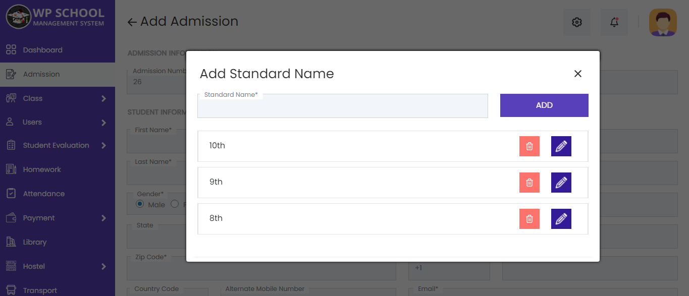 Add Standard in Admission Form