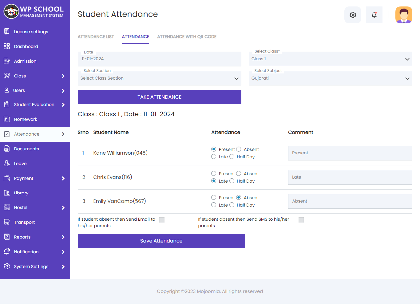 display content of the student attendance 