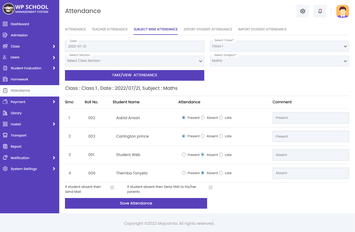 Admin — Subject Attendance