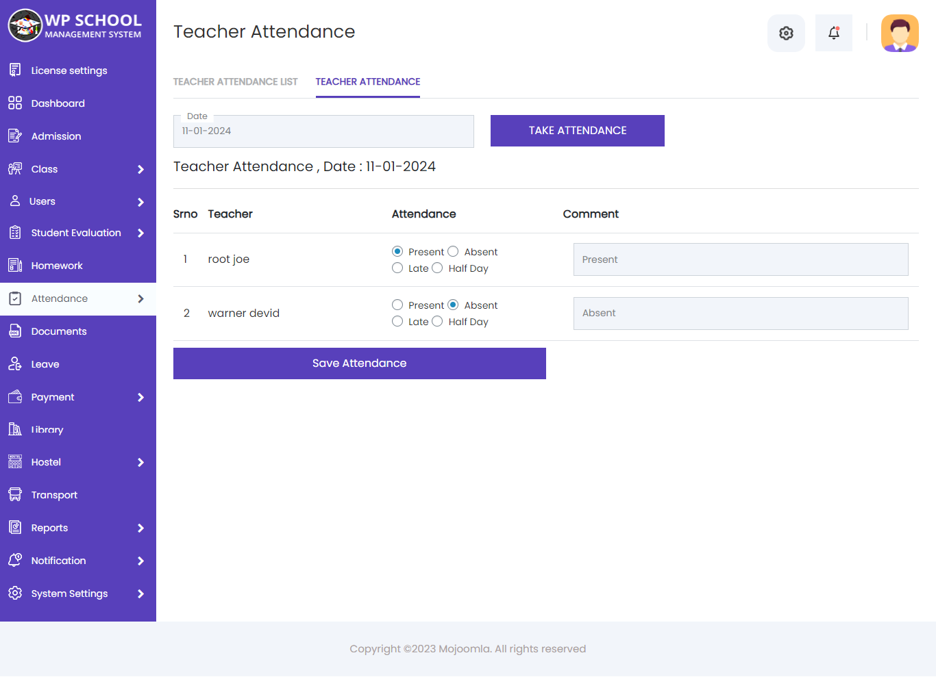 display content of the teacher attendance