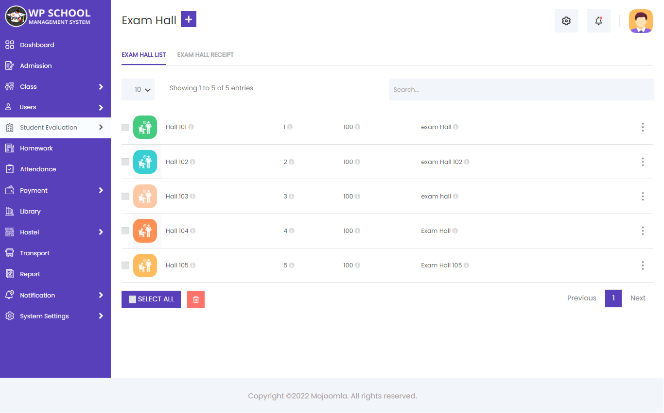 display content of the exam_hall_list 