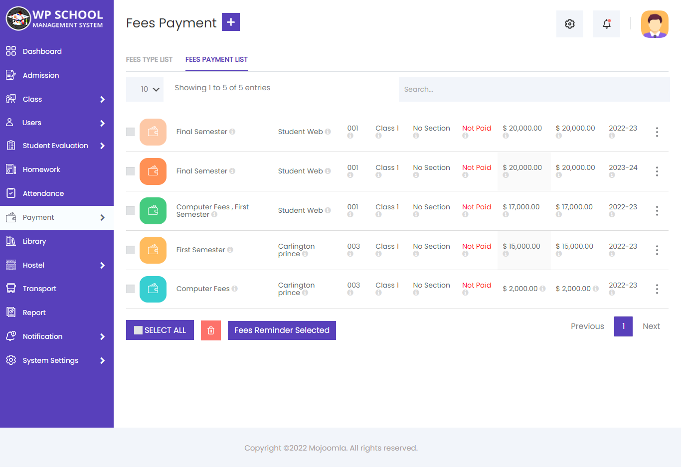 display content of Fees List 