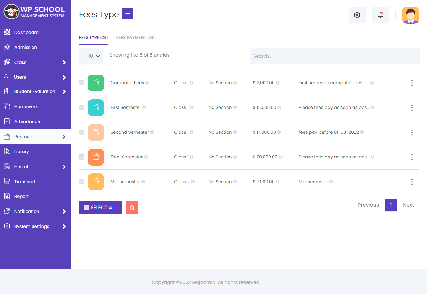 display content of Fees Type List 