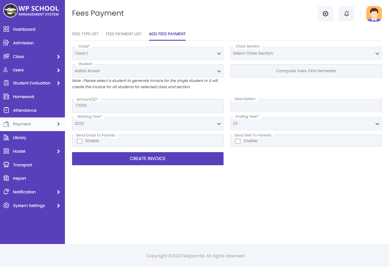 display content of the invoice