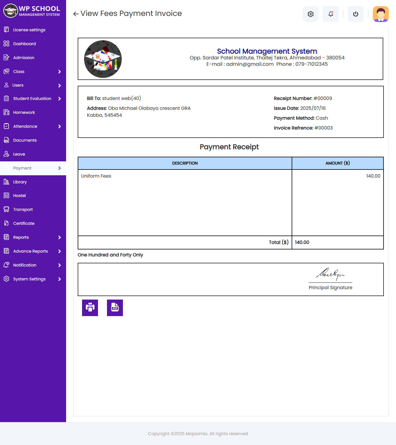 display content of the invoice