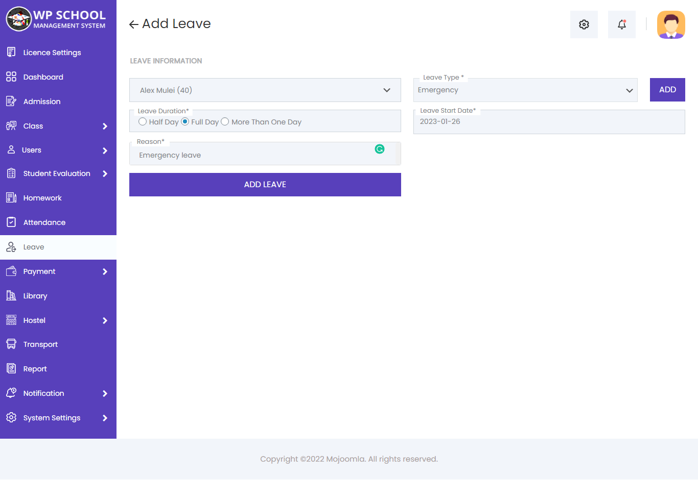 display content of the Add Leave 