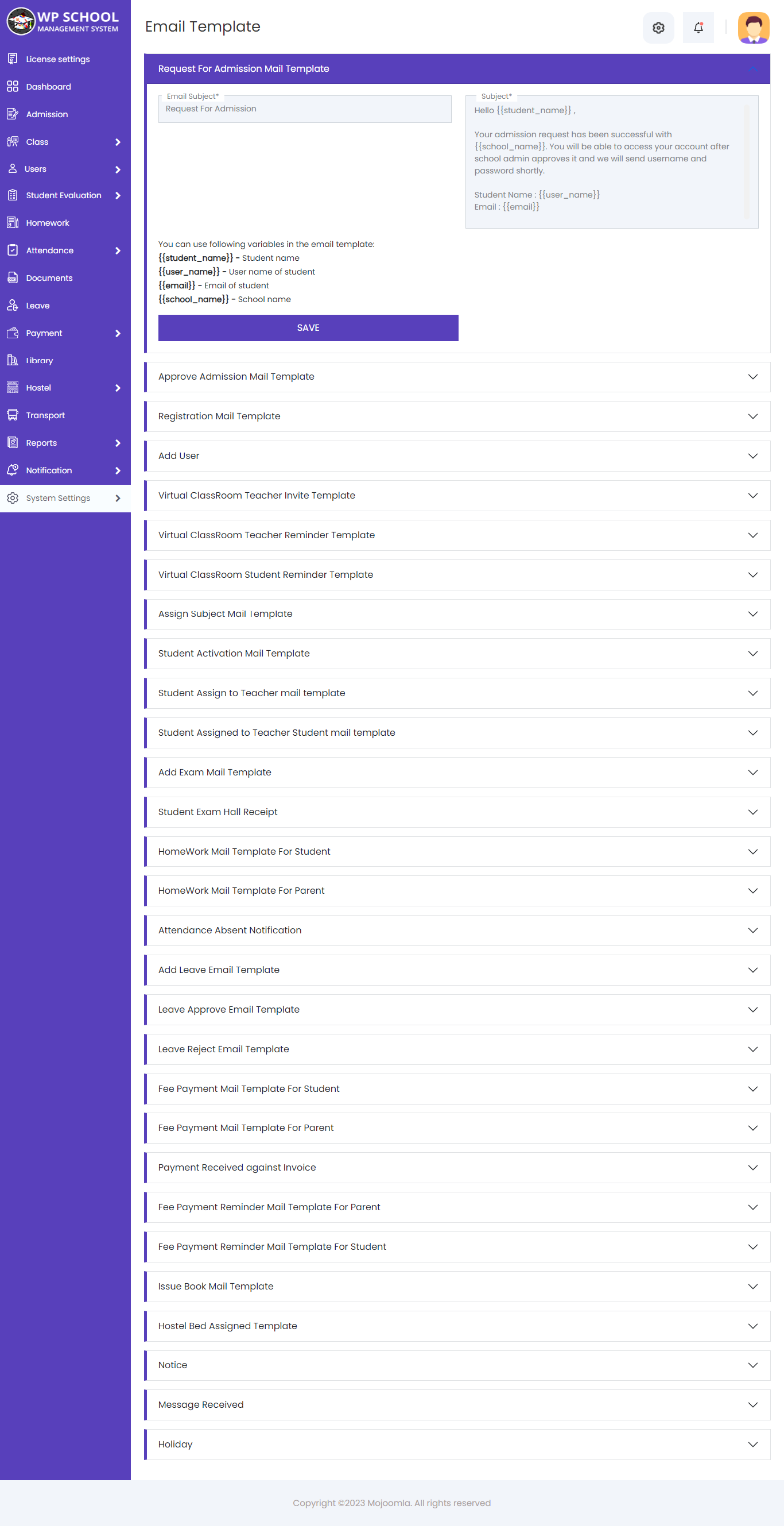 display email template settings