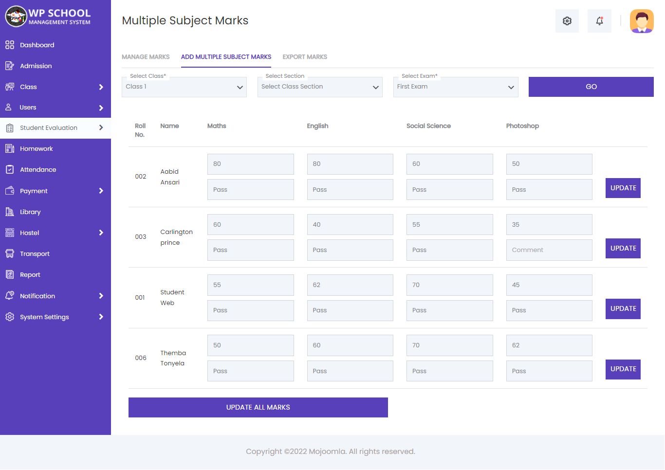 display content of subject marks 