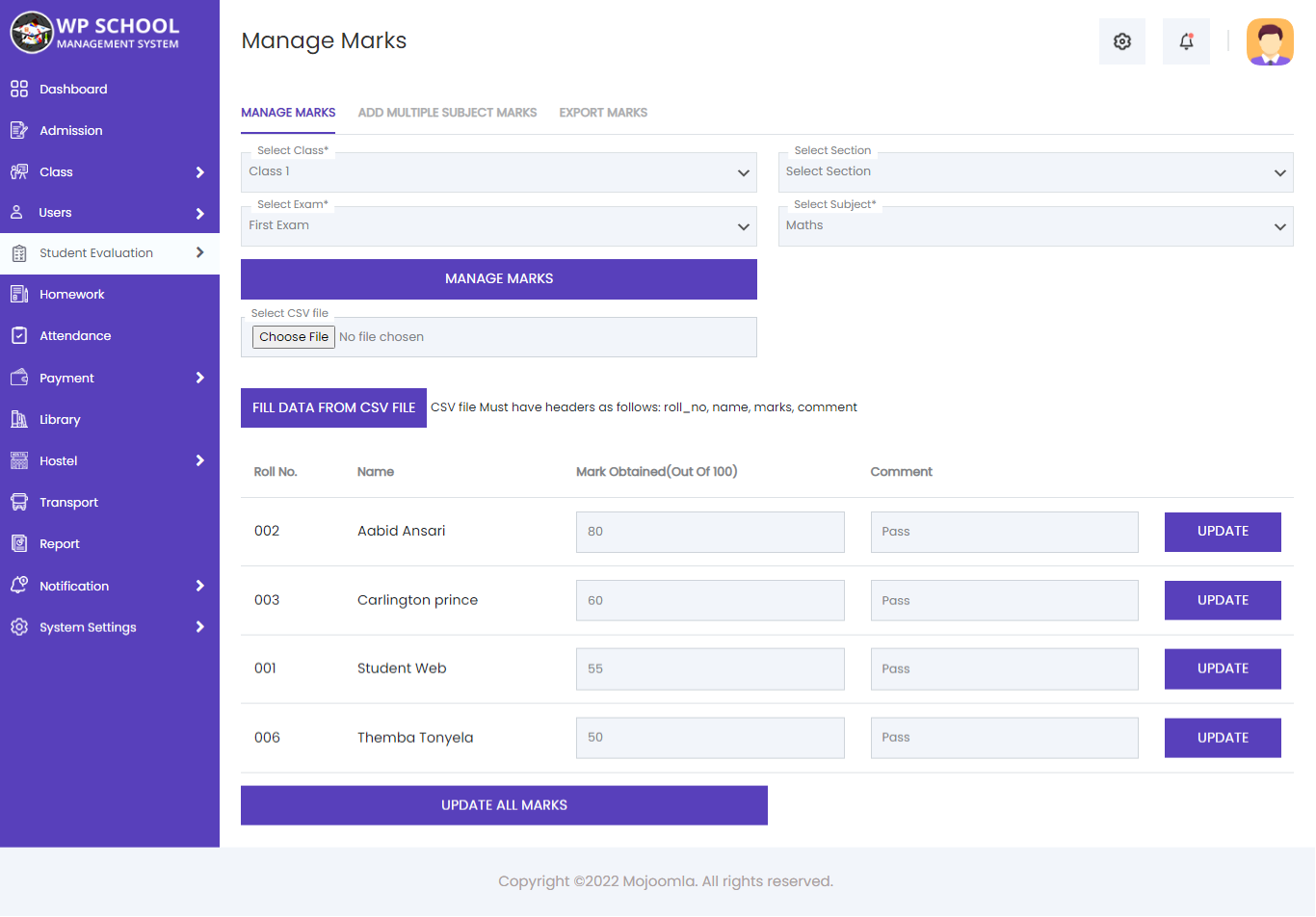 display content of the manage marks 