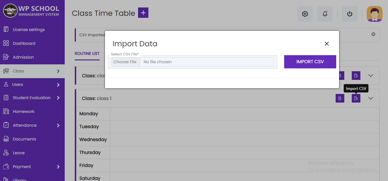 display content of the class routine