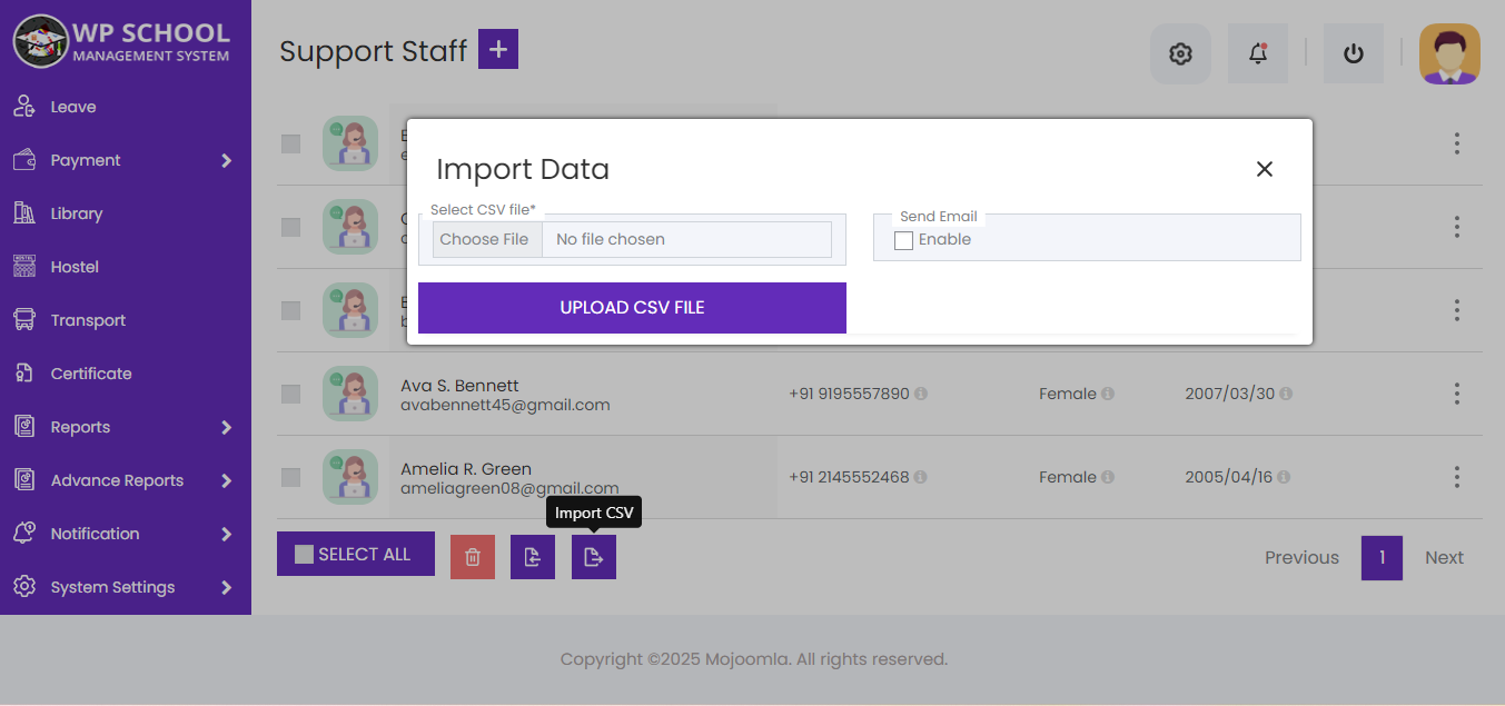 display content of the support staff