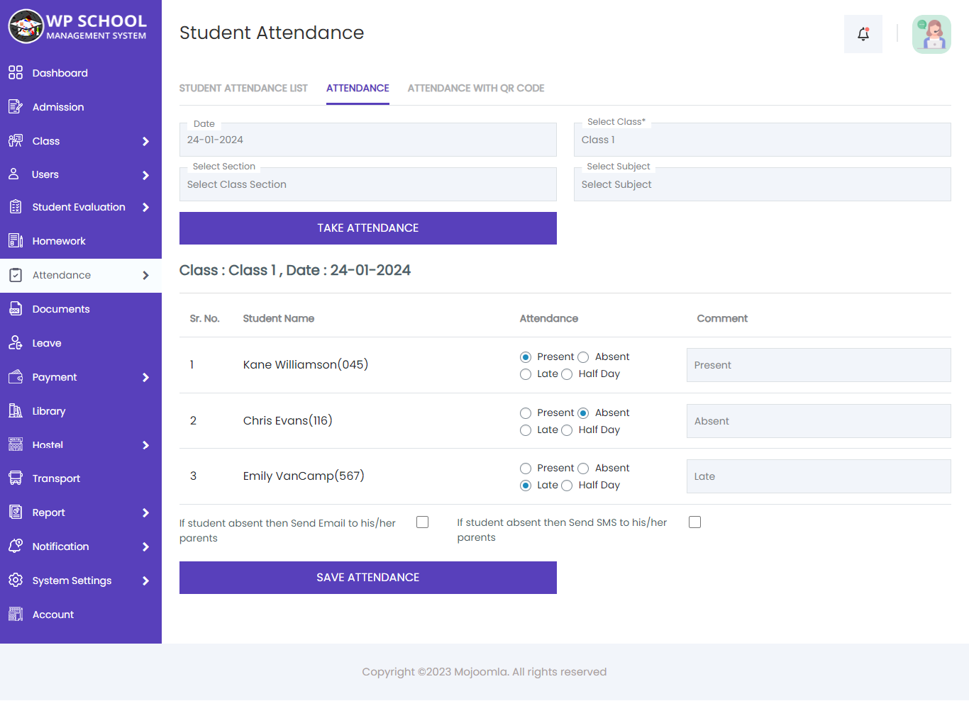 display content of the student attendance 