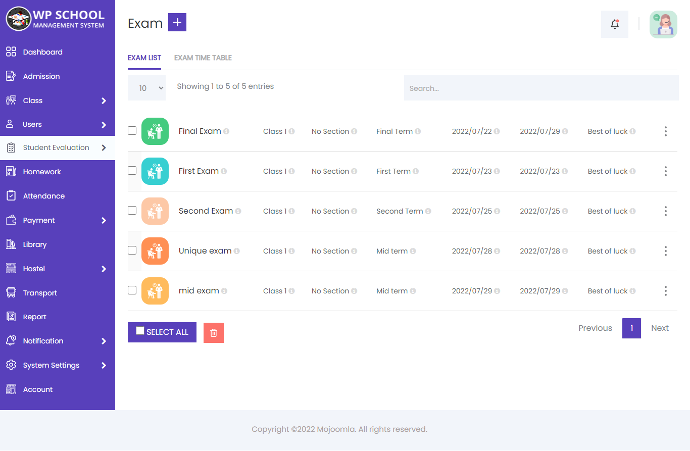 display content of the exam 