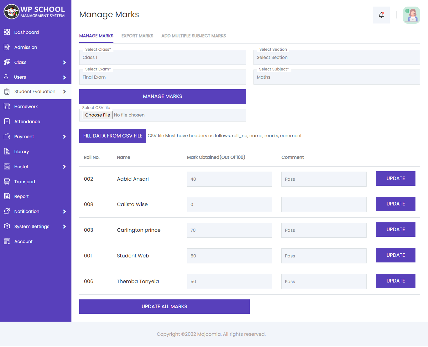 display content of the select exam 