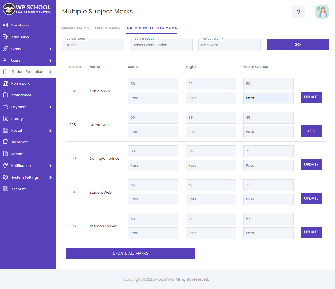 display content of subject marks 