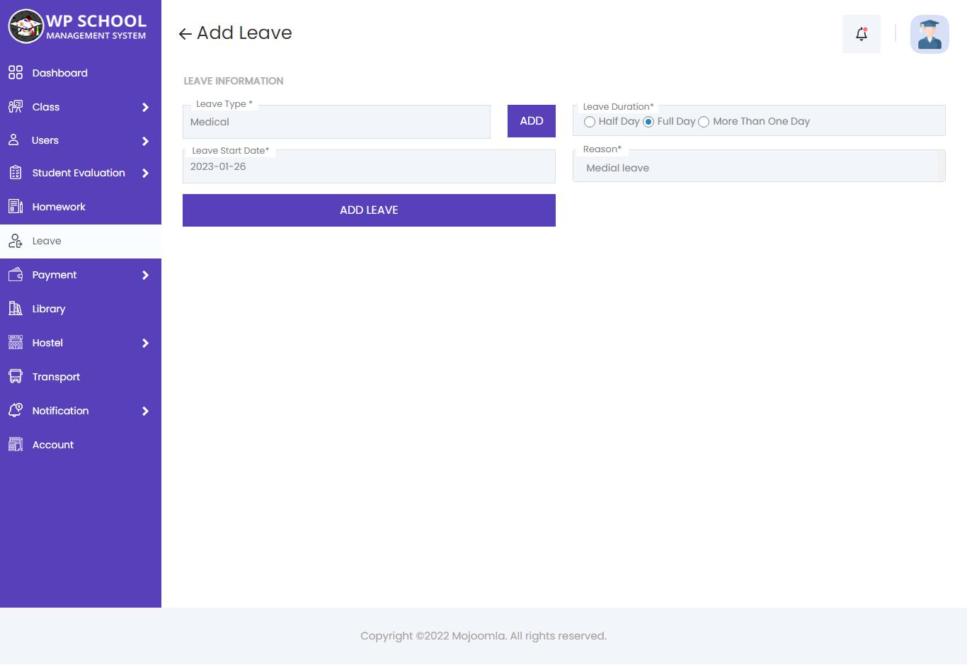 display content of the Add Leave 