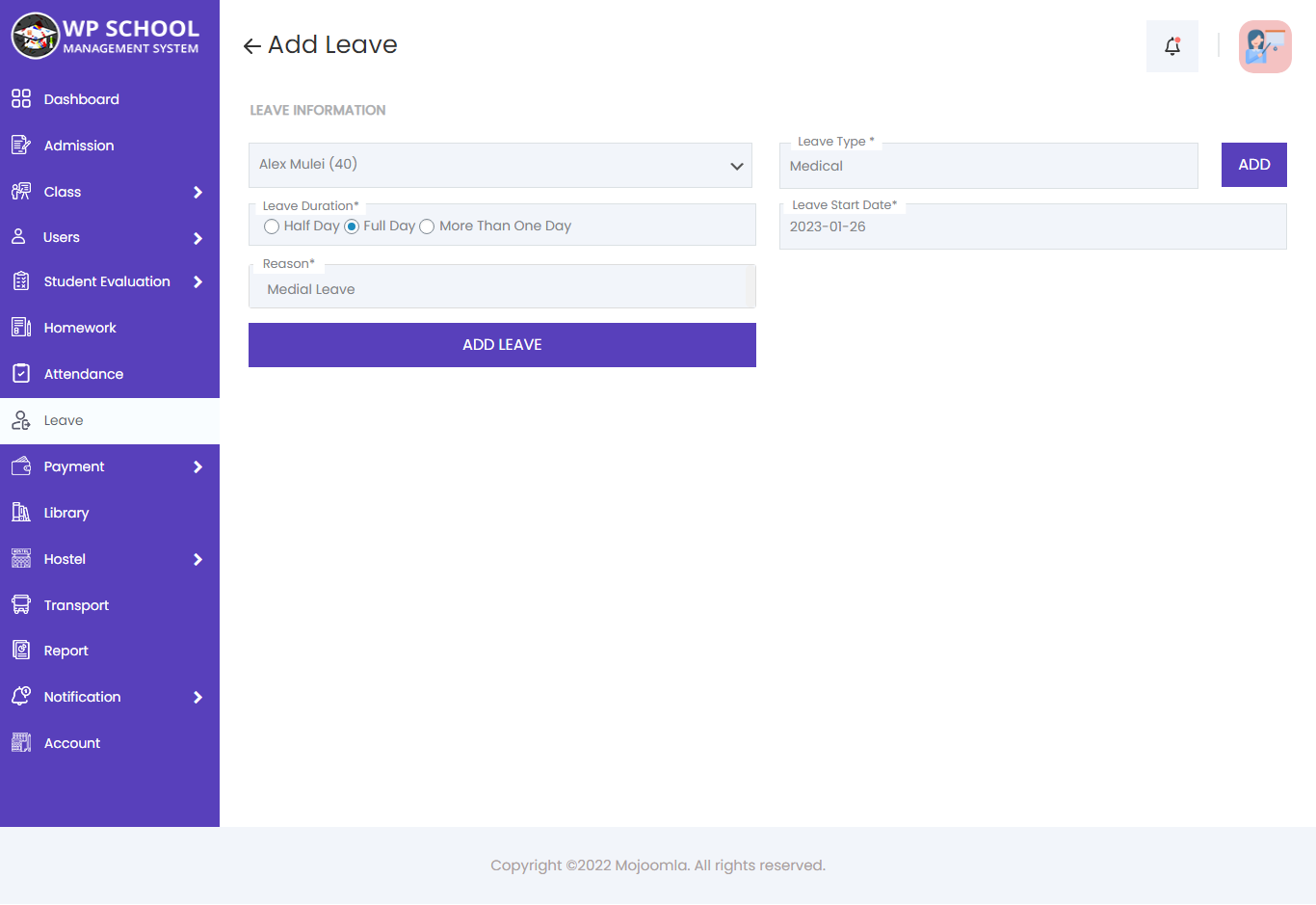 display content of the Add Leave 