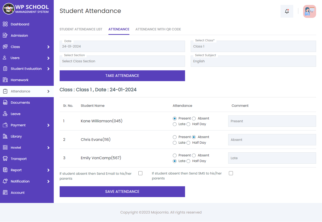 display content of the student attendance 