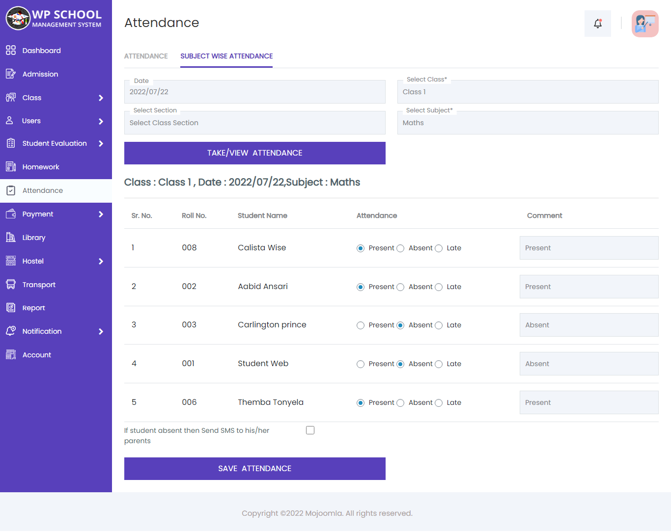 Teacher — Subject Attendance